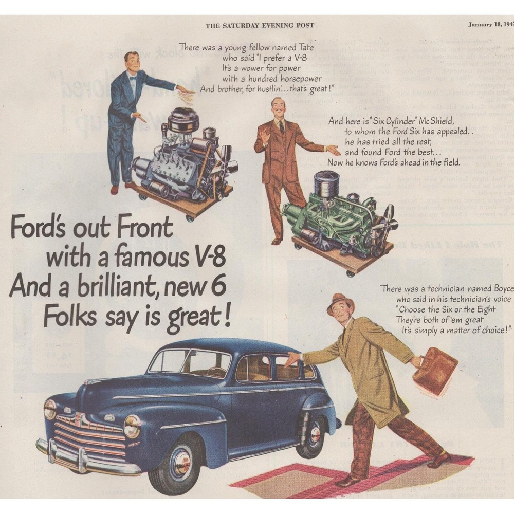 Vintage 1947 Ford Sedan Print Ad V8 Six Engine Classic Car Garage Decor